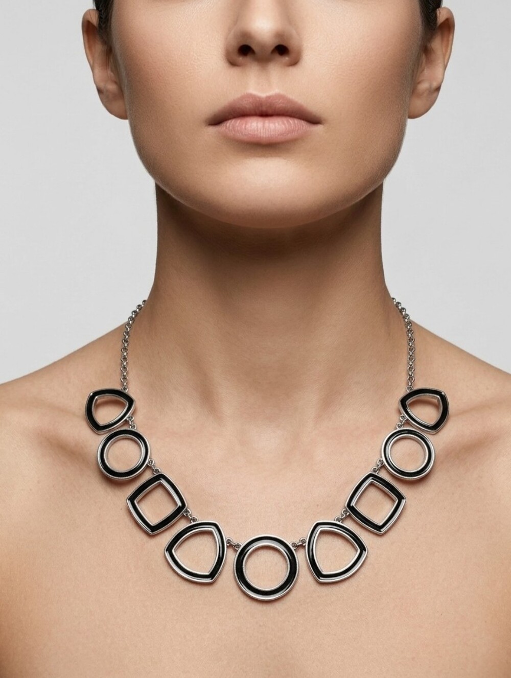 Nygard Elegant Black Enamel and Silver Geometric Link Necklace